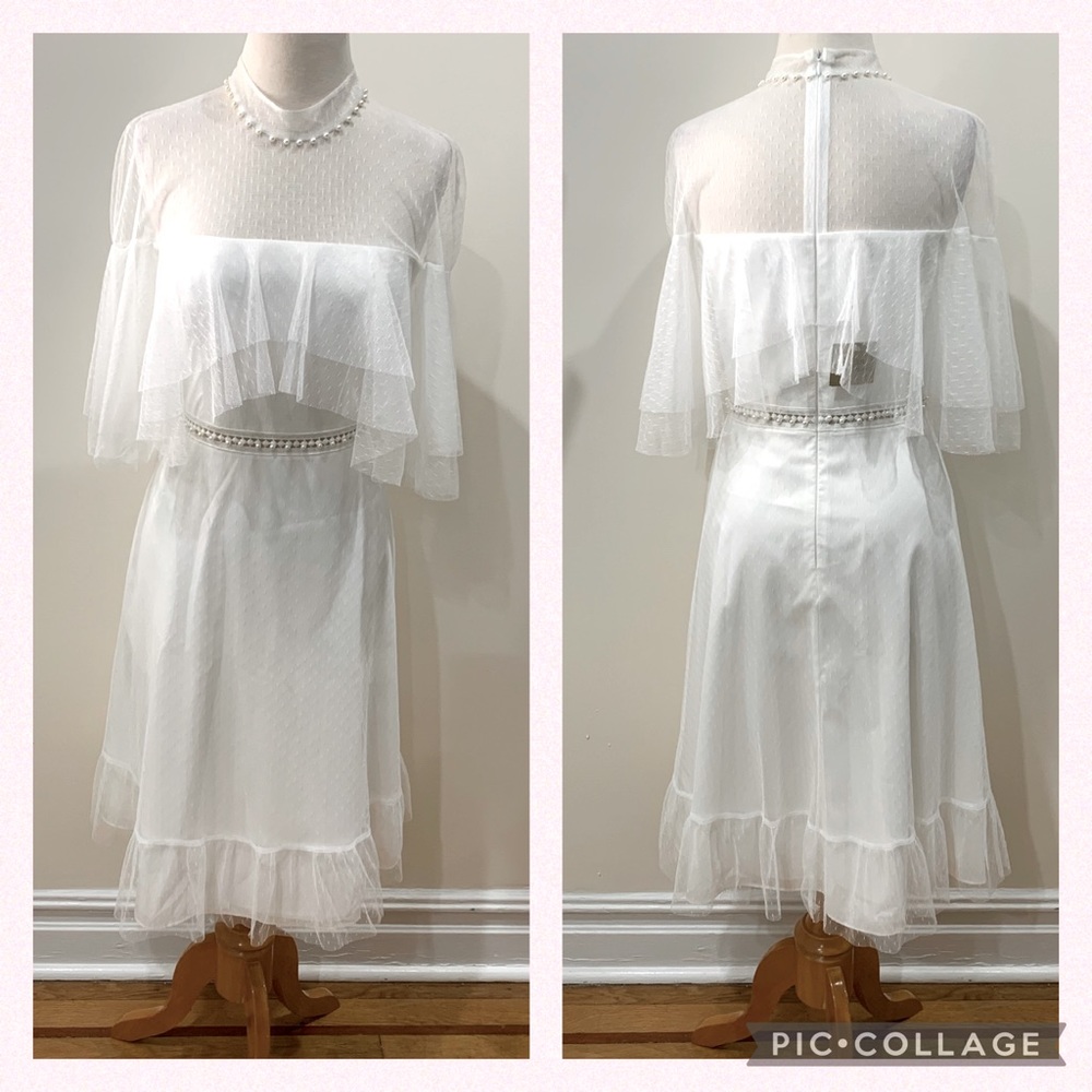 Aidan mattox white pearl tiered mesh midi dress - Picture 2 of 10